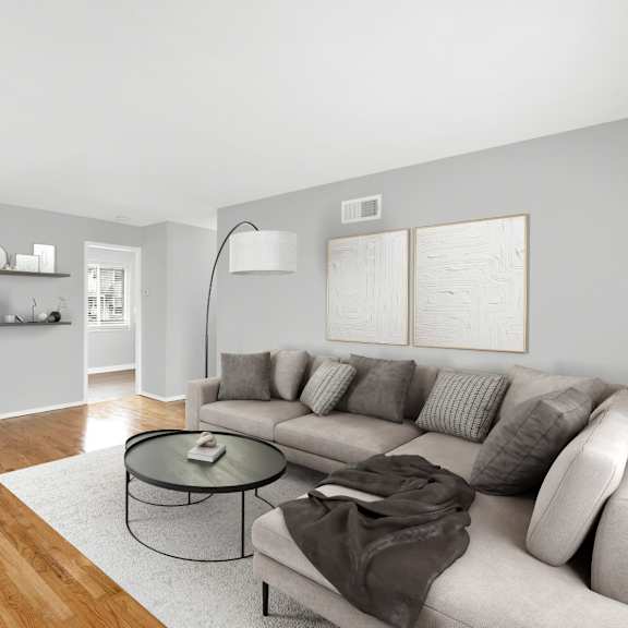 a living room with a couch and a coffee table
