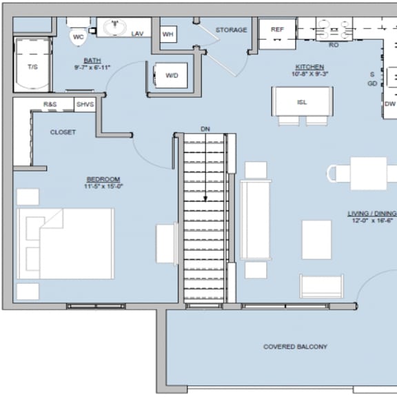 Thumbnail 2 of 2 One bedroom 1 bathroom floorplan with covered balcony at Altitude at Vizcaya Apartments, Santa Fe