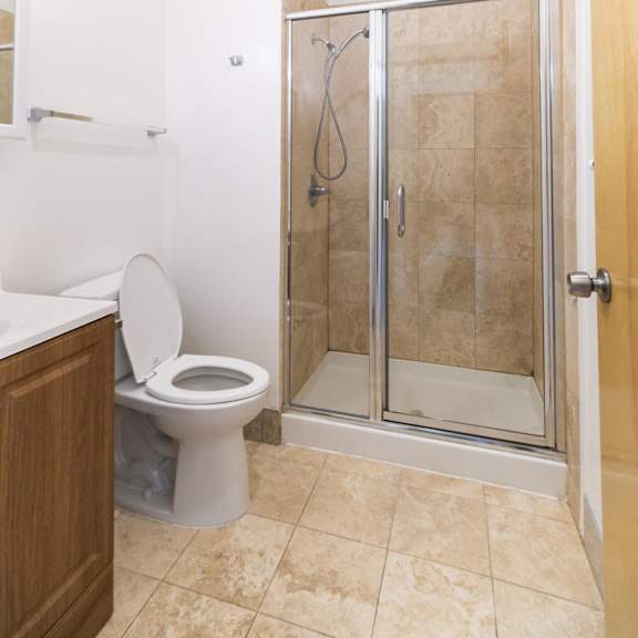 a bathroom with a toilet, sink, and walk-in shower.