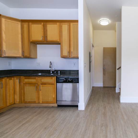 a kitchen with wooden cabinets and a dishwasher.