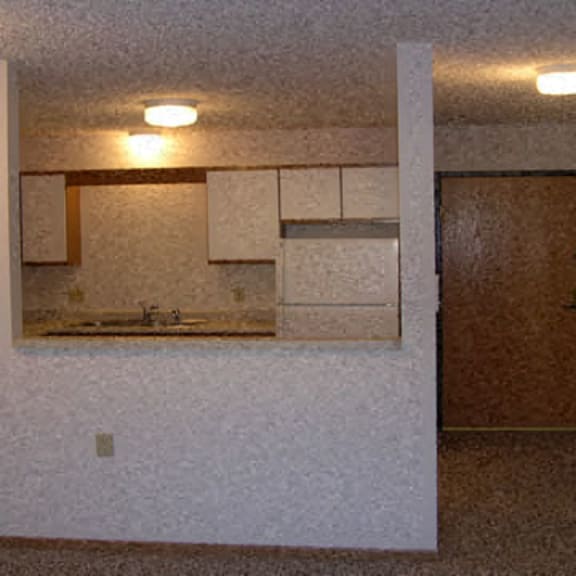 view from living room into kitchen