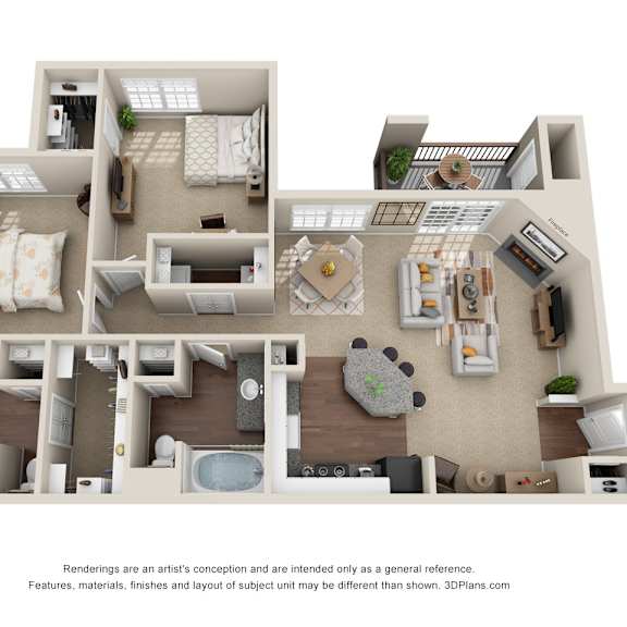 Thumbnail 1 of 16 a 1 bedroom floorplan is shown in this rendering at La Ventura Apartments, Plano, 75093