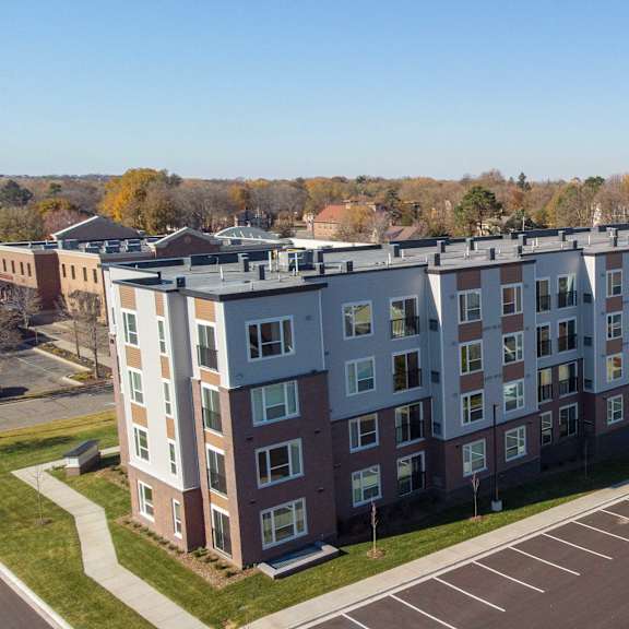 drone view at the quill 55+ apartments, hastings, mn, 55033