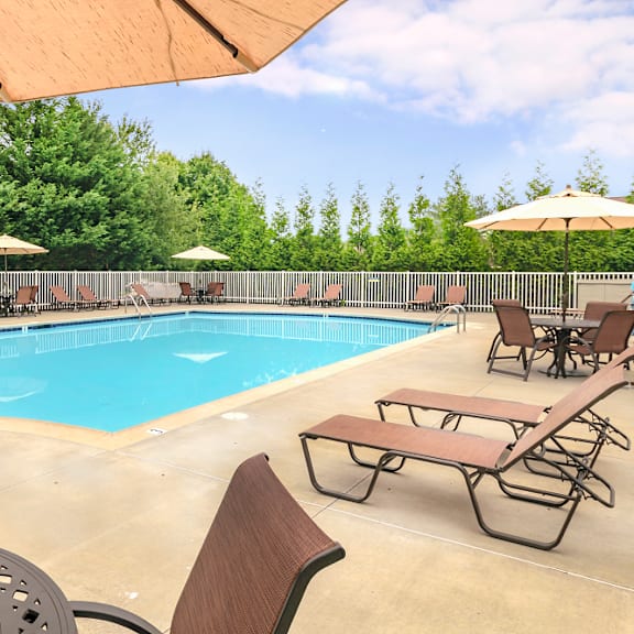 a gated resort-style pool at our severgn apartments in exton, pa with lounge chairs, tables, and umbrellas surrounded by trees.