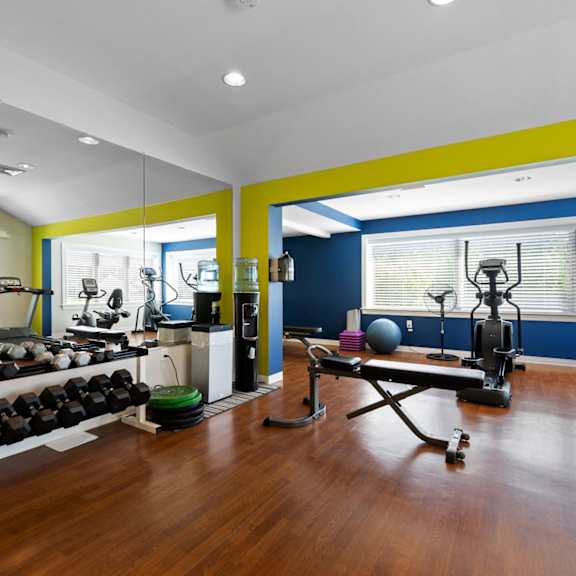 a state-of-the-art fitness center with free weights, weight lifting benches, cardio machines, hardwood-style flooring, recessed lighting, and large windows.