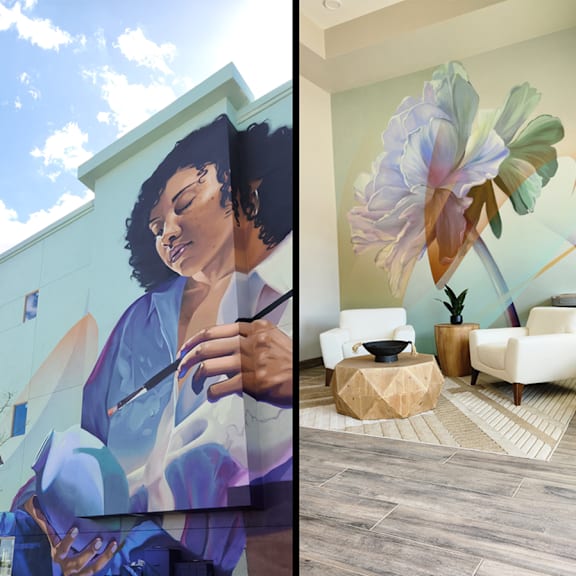 a collage of images featuring a woman with a flower and a woman using a laptop.
