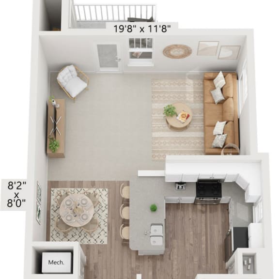 Thumbnail 1 of 15 One bedroom end 3D floor plan at Eagle Ridge Apartment Homes, Traverse City, MI