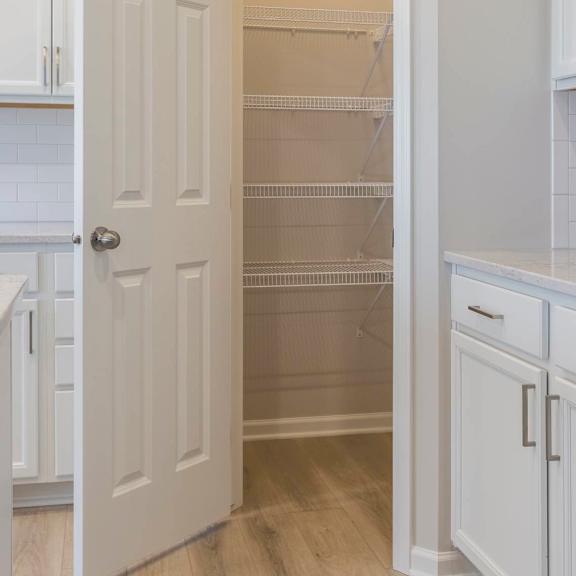 a white door is open to a walk-in pantry.
