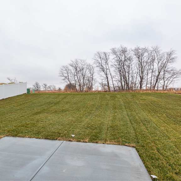 a backyard with a green lawn and a grey concrete slab.