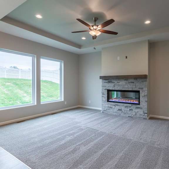 a spacious room with a fireplace and a ceiling fan.
