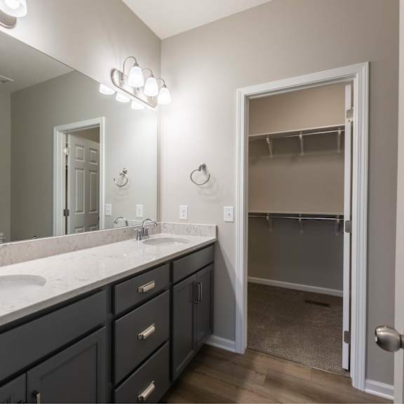 a bathroom with a double sink vanity and a large mirror.