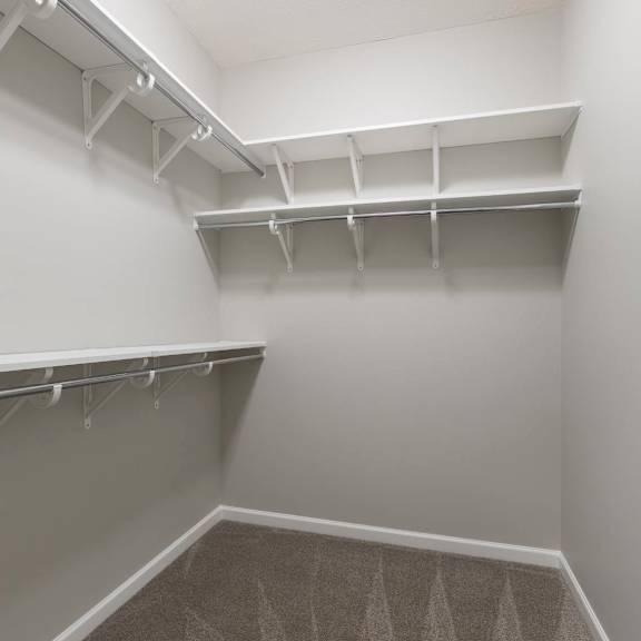 a white closet with a carpeted floor and a vent in the ceiling.