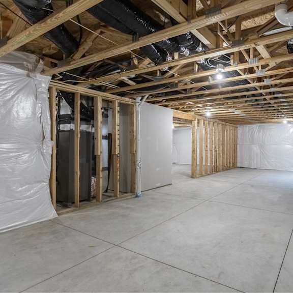 a room under construction with exposed wooden beams and insulation on the walls.