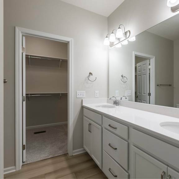 a bathroom with a sink, mirror, and a walk-in shower.