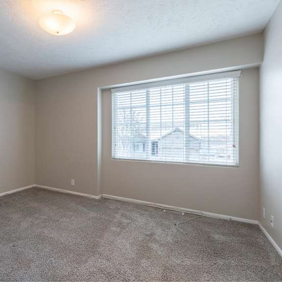 a room with a carpeted floor and a window with blinds.