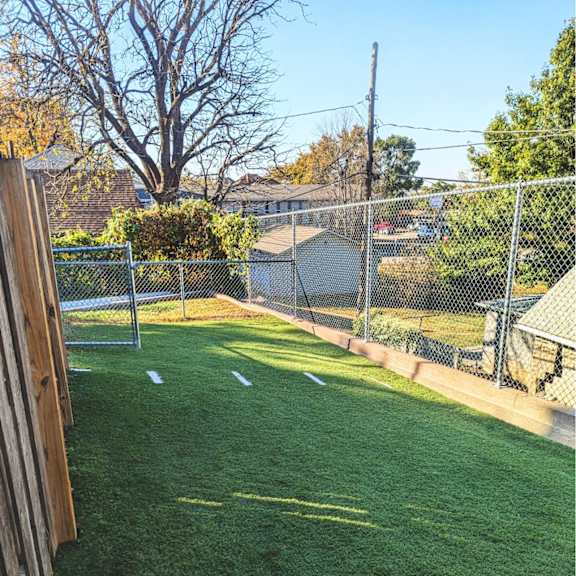 a backyard with a green lawn and a fence.