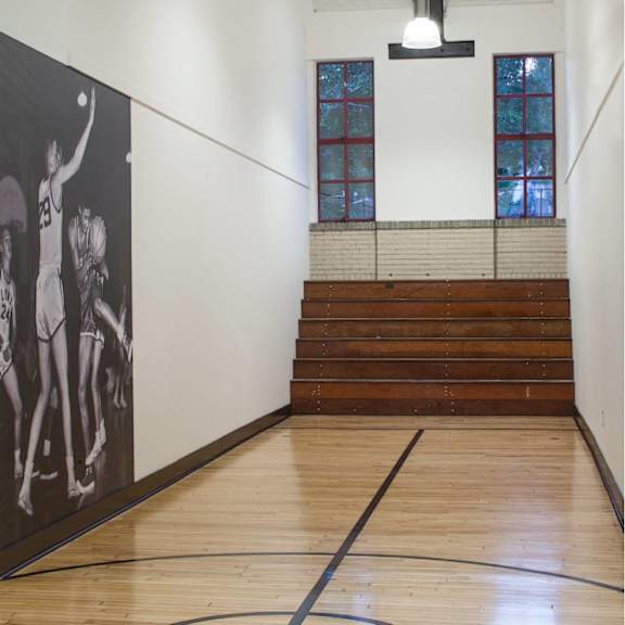 a basketball court with a large painting on the wall.