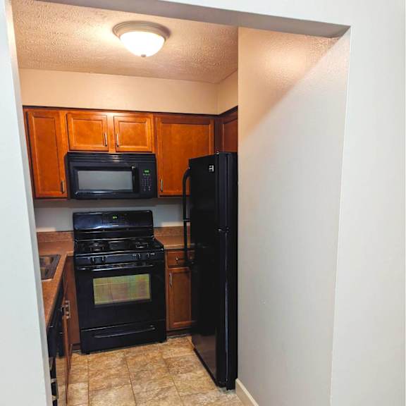 a kitchen with black appliances and wooden cabinets.