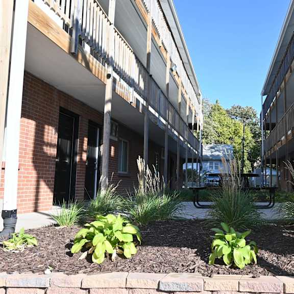 a row of apartment buildings with green plants in front.