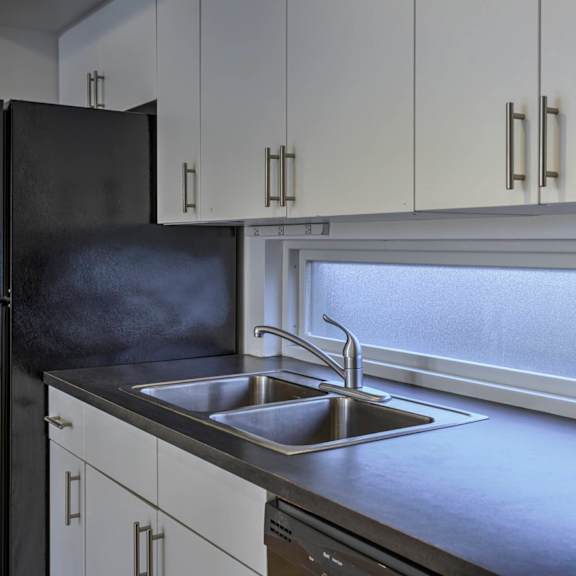 a kitchen with a black refrigerator and a stainless steel sink.