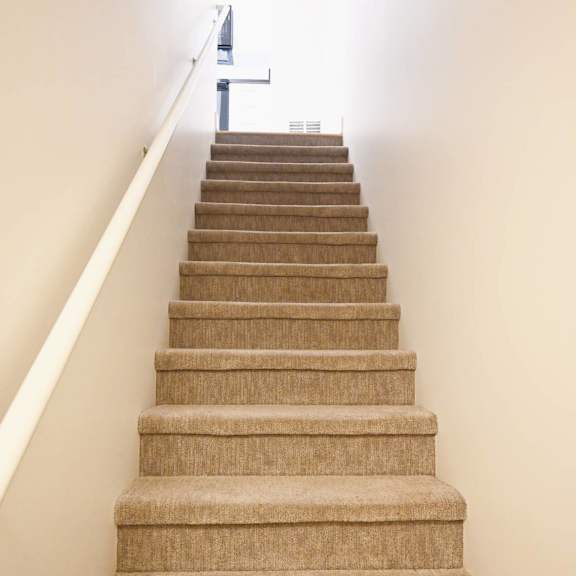 a staircase with beige carpeted steps and white walls.