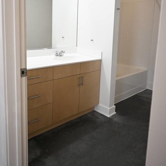 a bathroom with a sink, mirror, and shower.