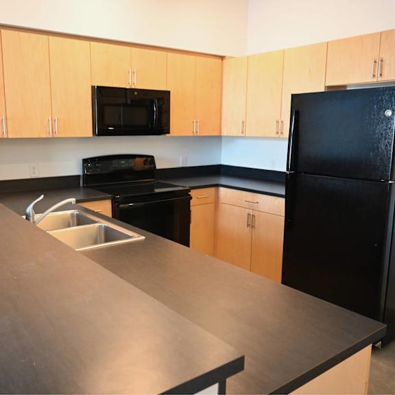 a black refrigerator sits in a kitchen with wooden cabinets and a black oven.