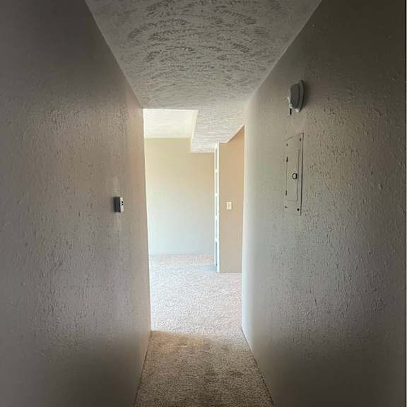 a long, narrow hallway with a carpeted floor and white walls.