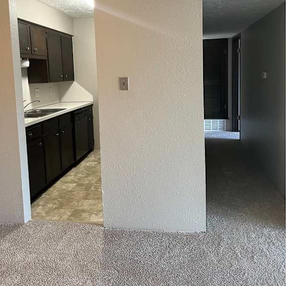 a kitchen with black cabinets and a white wall.