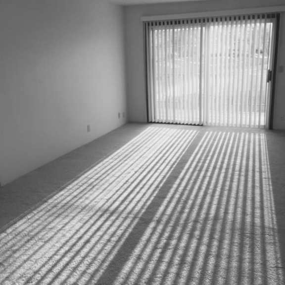 a room with a sliding door and light coming through the blinds.