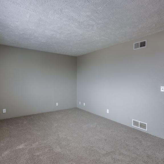 a room with a white ceiling and walls, and a carpeted floor.