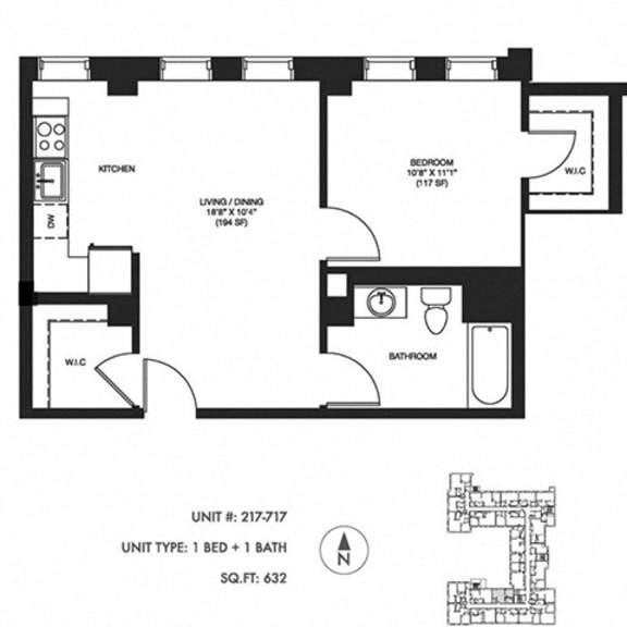 Thumbnail 2 of 4 1 Bed 1 Bath 632 sqft Floor Plan at Somerset Place Apartments, Illinois, 60640
