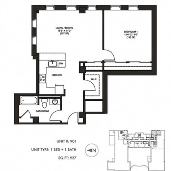 Thumbnail 2 of 2 The Penthouse 927 sqft Floor Plan at Somerset Place Apartments, Chicago, IL, 60640