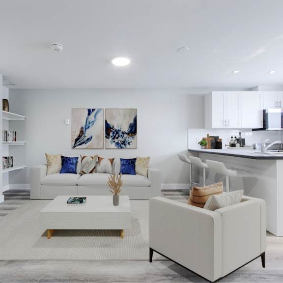 modern living room with vinyl plank flooring.