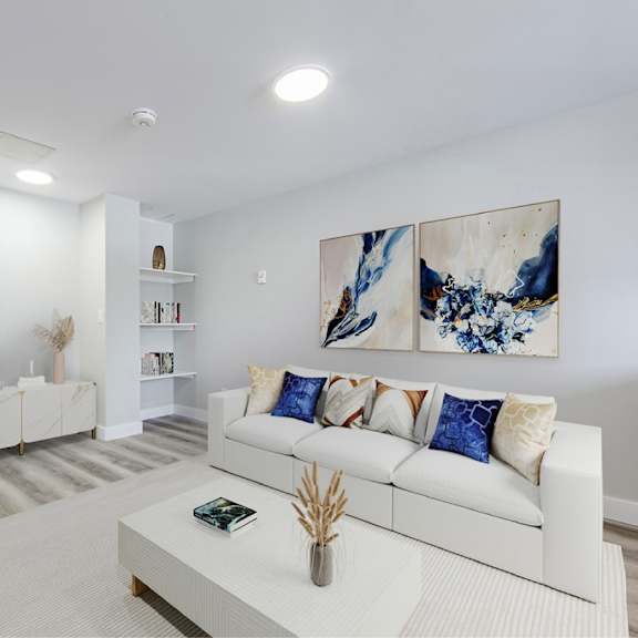 modern living room with vinyl plank flooring.