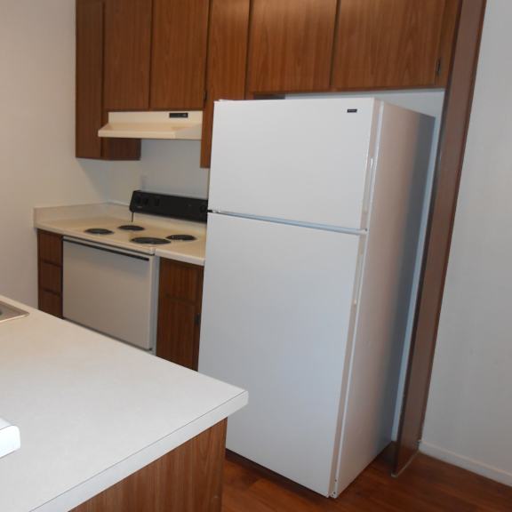 a white refrigerator stands in a kitchen next to a sink.