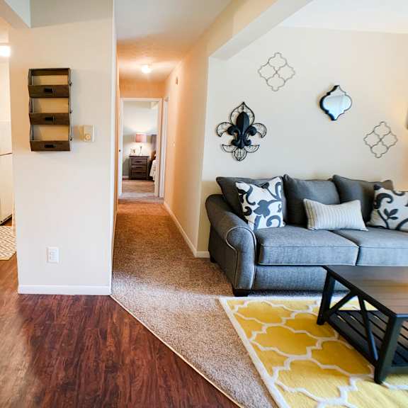 living and hallway at crown station apartments, ohio, 45102