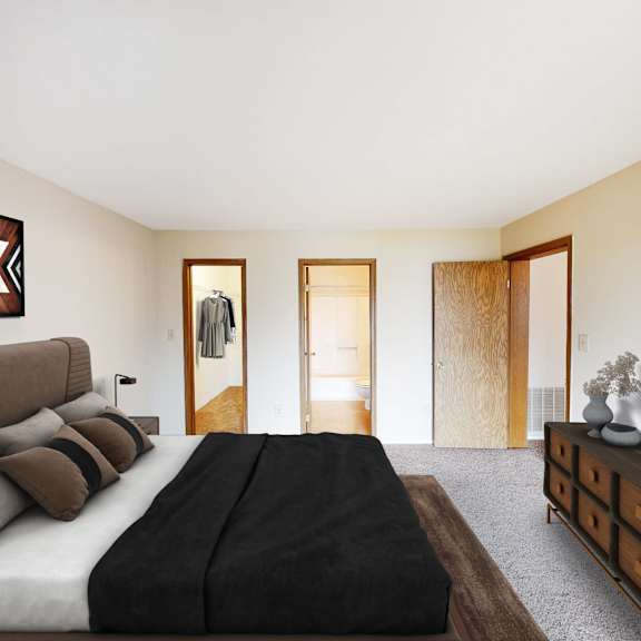 comfortable bedroom at woodhills apartments, west carrollton, oh