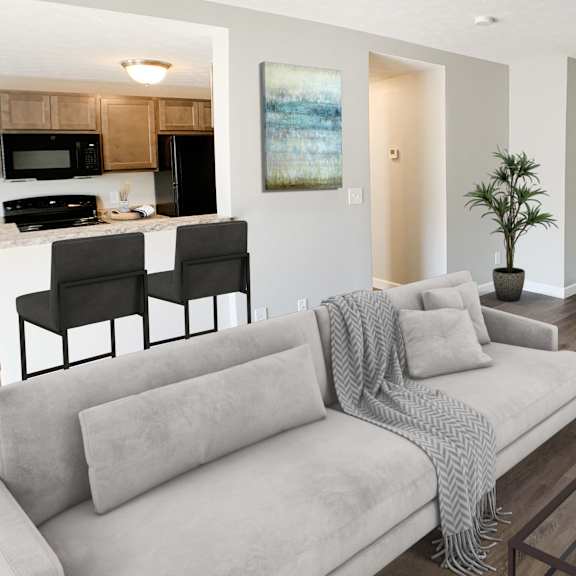 living room with kitchen at woodhills apartments, west carrollton, 45449