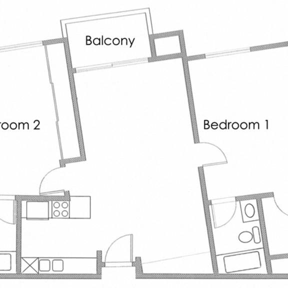 Thumbnail 1 of 8 Two Bedroom 2 bath  Apartment Floor Plan at Park Rochester Apartments Westwood, Los Angeles