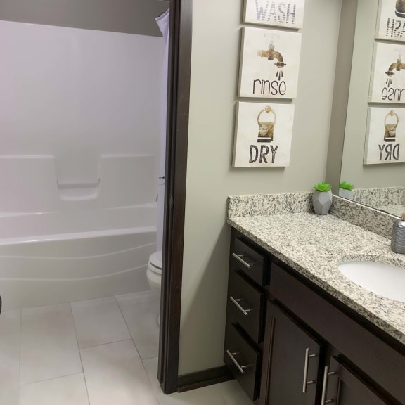 Thumbnail 13 of 19 Large vanity, private toilet and tub shower area in the full bathroom of the Harper floor plan at North Pointe Villas in Lincoln NE
