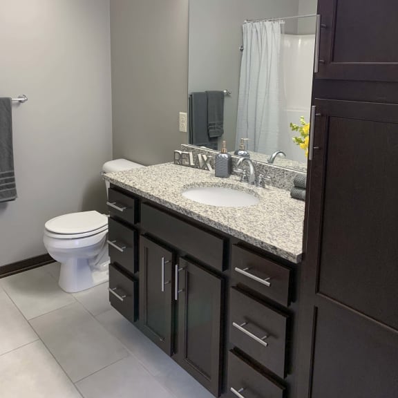 Thumbnail 16 of 19 Master bathroom with granite counters and abundant storage in a Harper two bedroom floor plan apartment at North Point Villas in Lincoln Ne