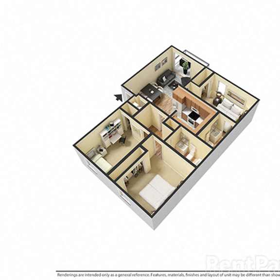 Thumbnail 1 of 2 3 Bedroom 2 Bathroom 3D Floor Plan at Sandstone Court Apartments, Greenwood, Indiana