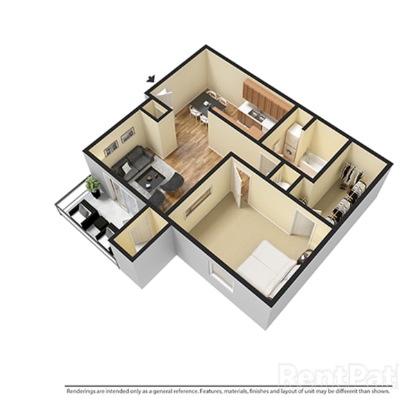 Thumbnail 1 of 2 One Bedroom 3D View Floor Plan at Walnut Creek Apartments, Indiana
