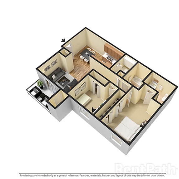 Thumbnail 1 of 2 Two Bedroom 3D View Floor Plan at Walnut Creek Apartments, Indiana, 46902