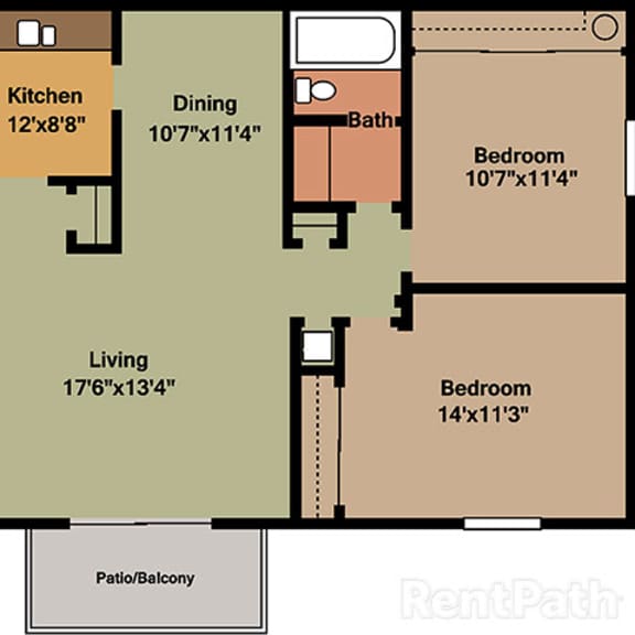 Thumbnail 2 of 2 2 Bedroom 1 Bath Floor Plan at Waterstone Place Apartments, Indiana