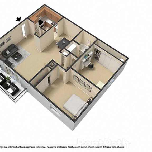 Thumbnail 1 of 2 2 Bedroom 1 Bath 3D Floor Plan at Waterstone Place Apartments, Indiana, 46229