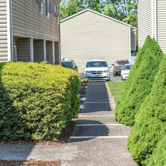 sidewalk between buildings