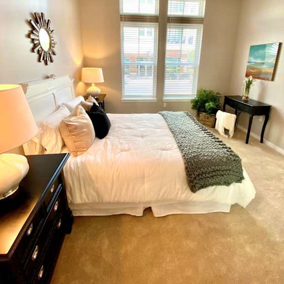 a bedroom with two tall windows, plush carpet flooring, and a ceiling fan.
