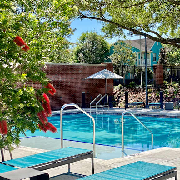a beautiful gated swimming pool surrounded by lounge chairs, an umbrella, a large tree, and well-maintained landscaping.